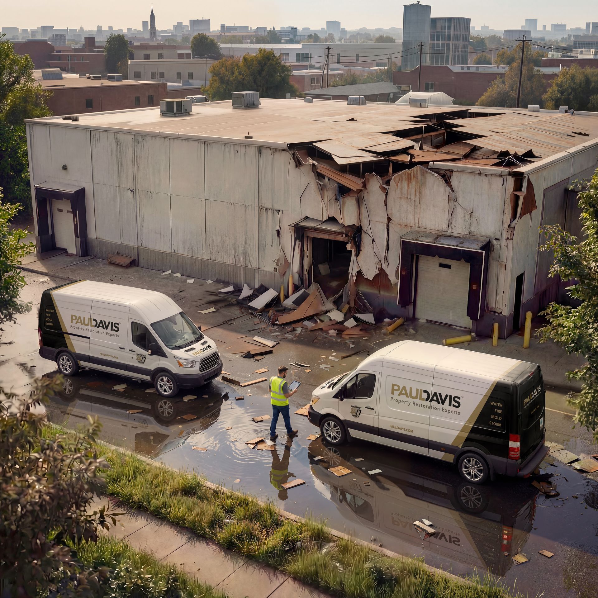 A person in a reflective vest stands near two Paul Davis company vans outside a warehouse with severe roof damage.