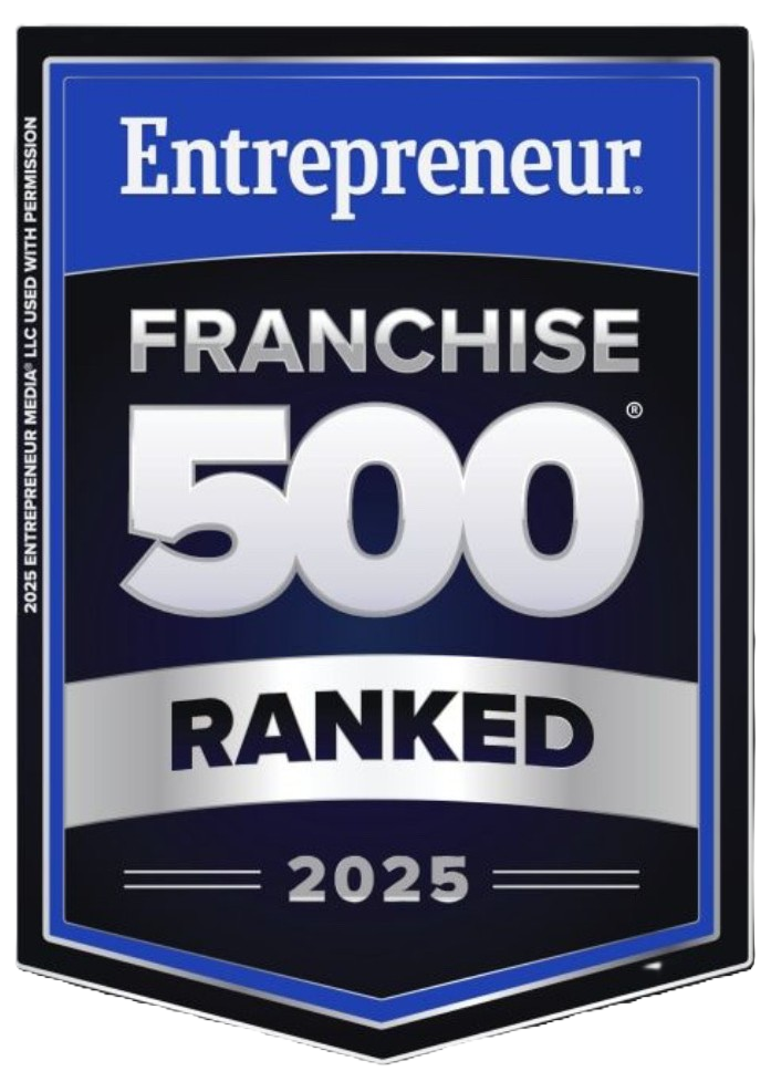 Entrepreneur Franchise 500 Ranked 2025 logo. Blue, silver, and black badge with text.