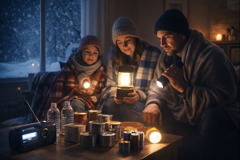 Famille utilisant des lampes pendant une panne hivernale, entourée de provisions d’urgence et de neige.