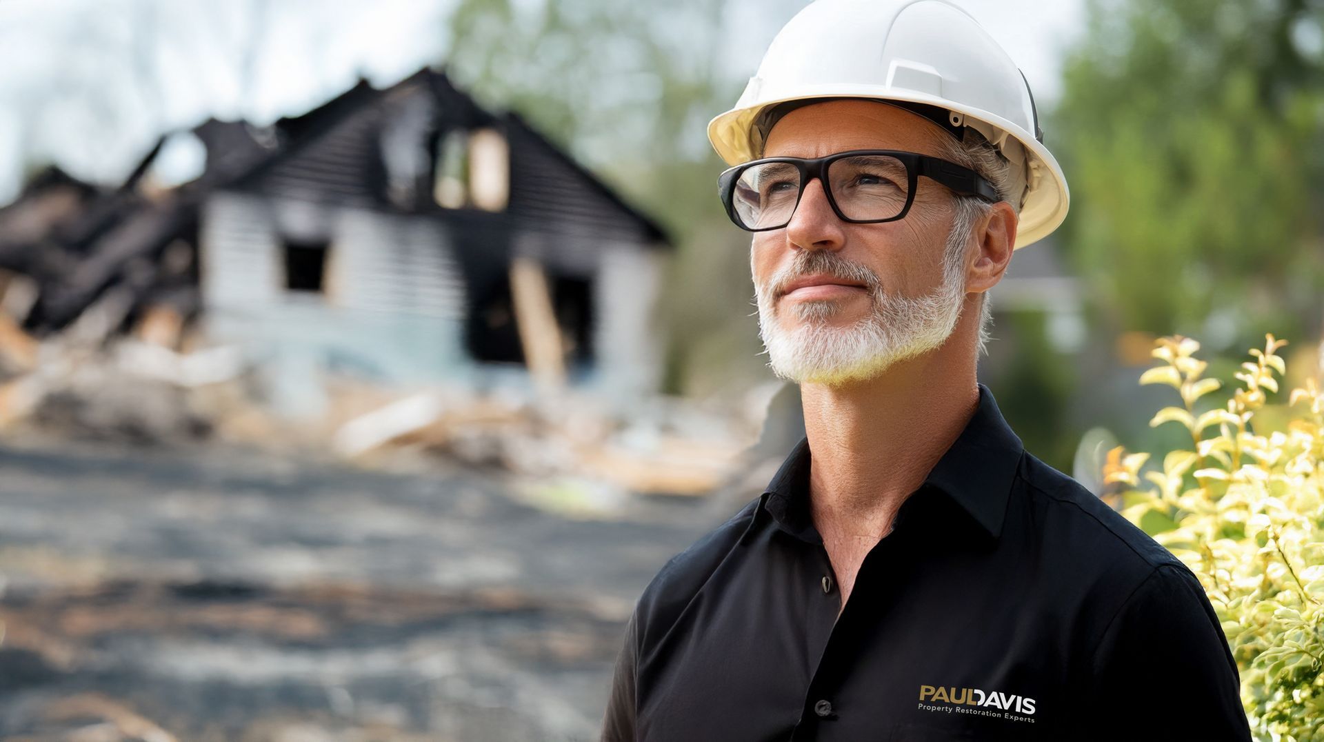 Paul Davis restoration expert in hard hat surveying a fire-damaged house during a fire assessment