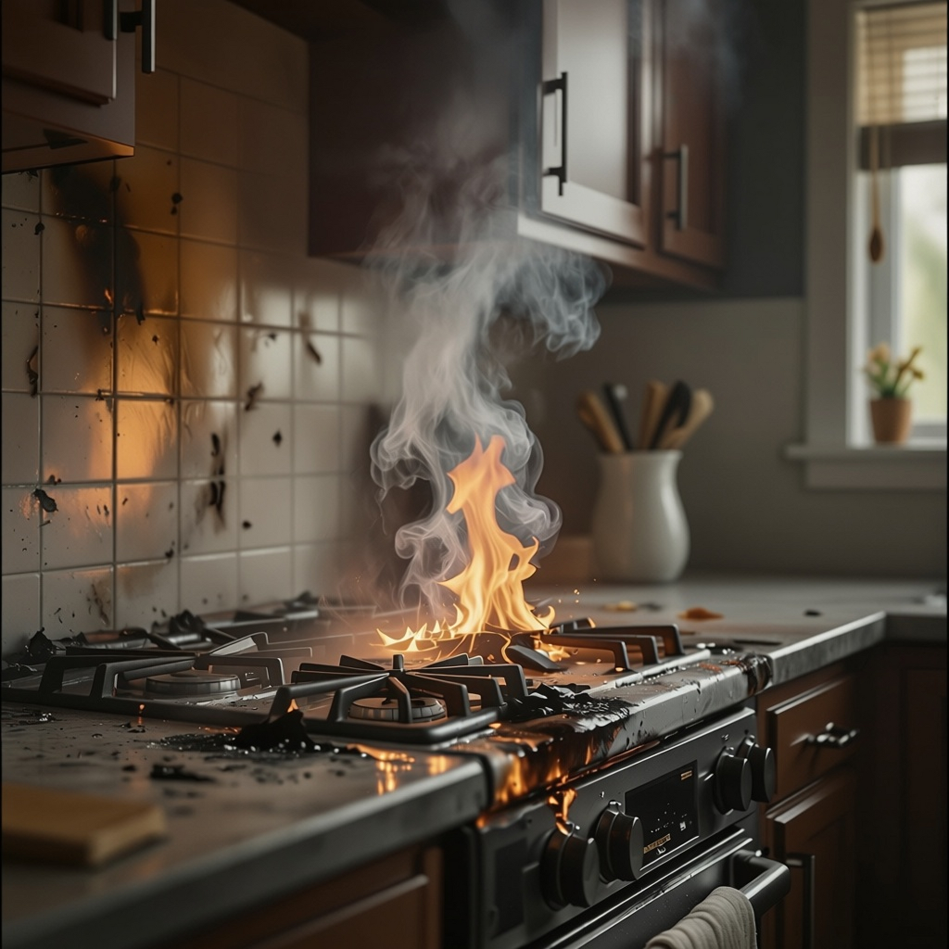 A kitchen stove with flames rising from a burner and dark smoke against a tiled backsplash.