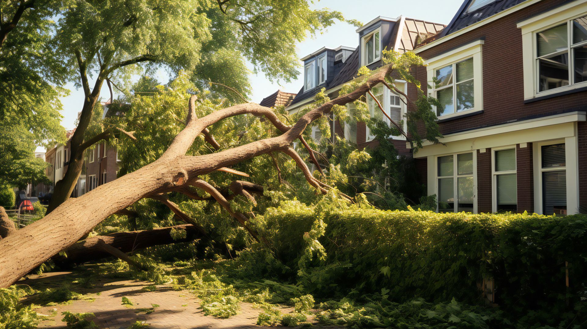 A large fallen tree blocks a residential sidewalk and leans against a brick house on a sunny day.