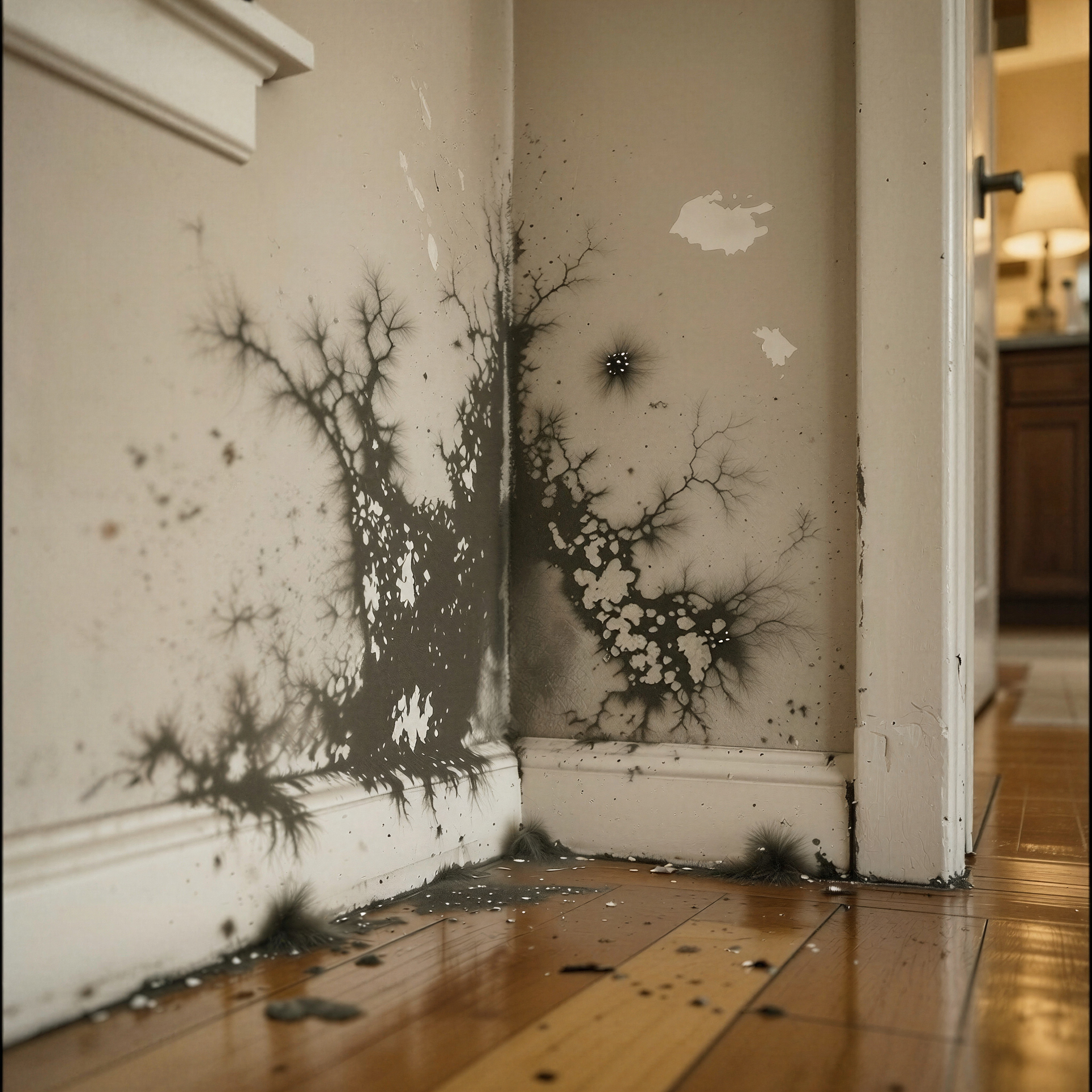 A corner of a room shows extensive dark, branch-like mold growth spreading across the beige walls near the floorboards.
