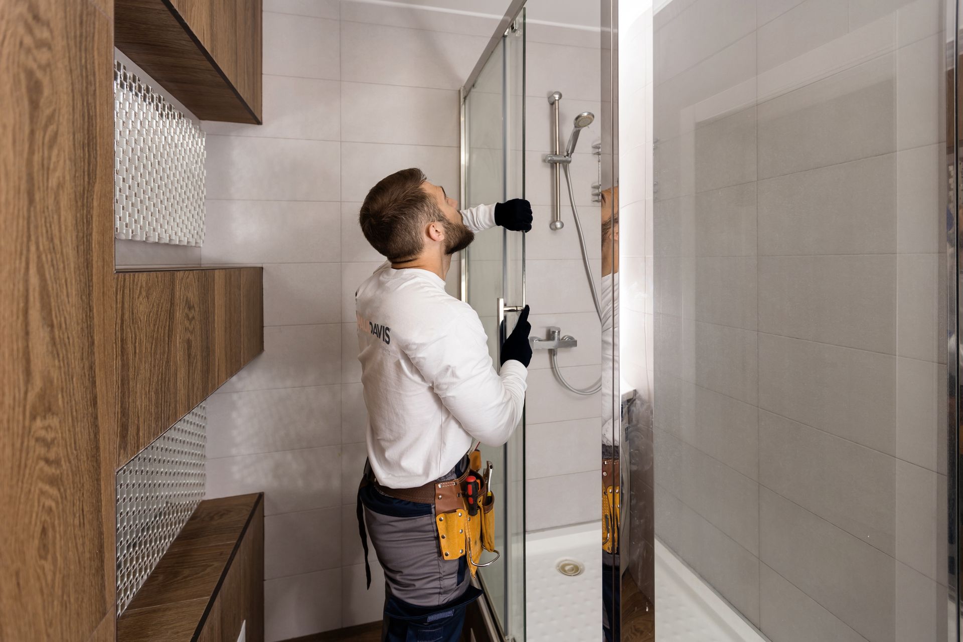 A worker in a white long-sleeve shirt and tool belt installs a glass shower door in a tiled bathroom.