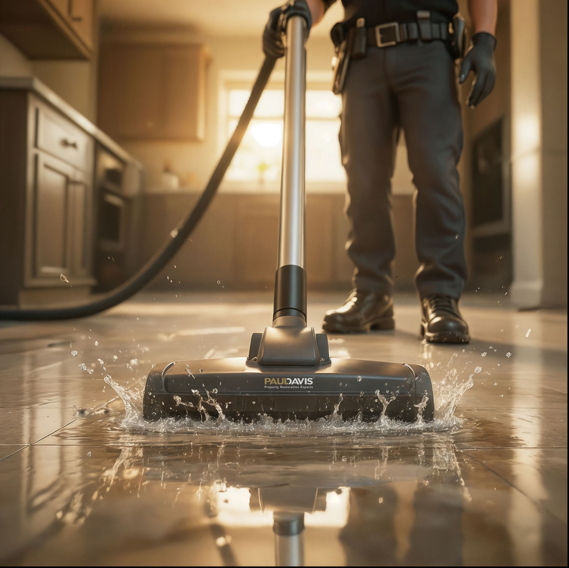 A person in work gear uses a vacuum to clean up a large puddle of water on a kitchen floor.