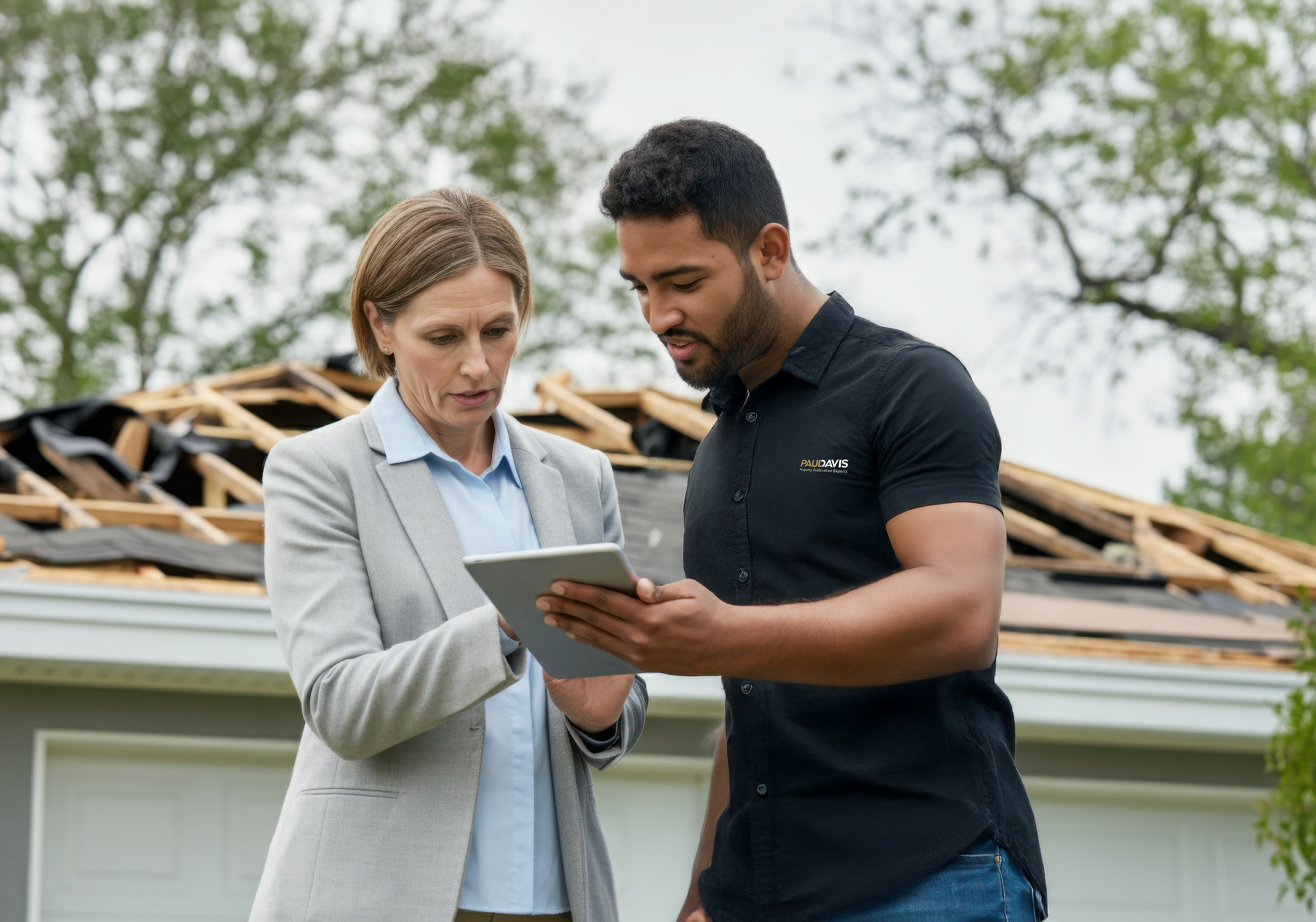 A professional and a contractor review information on a tablet in front of a house with a damaged, unfinished roof.