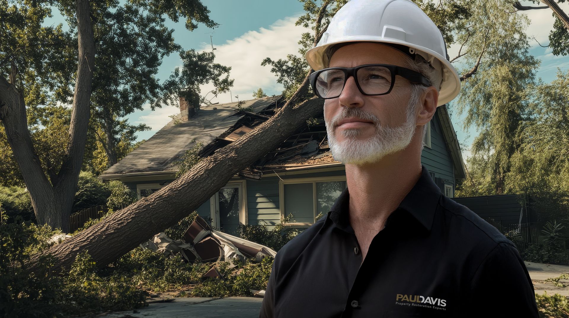 A person wearing a white hard hat and glasses stands before a house damaged by a fallen tree.