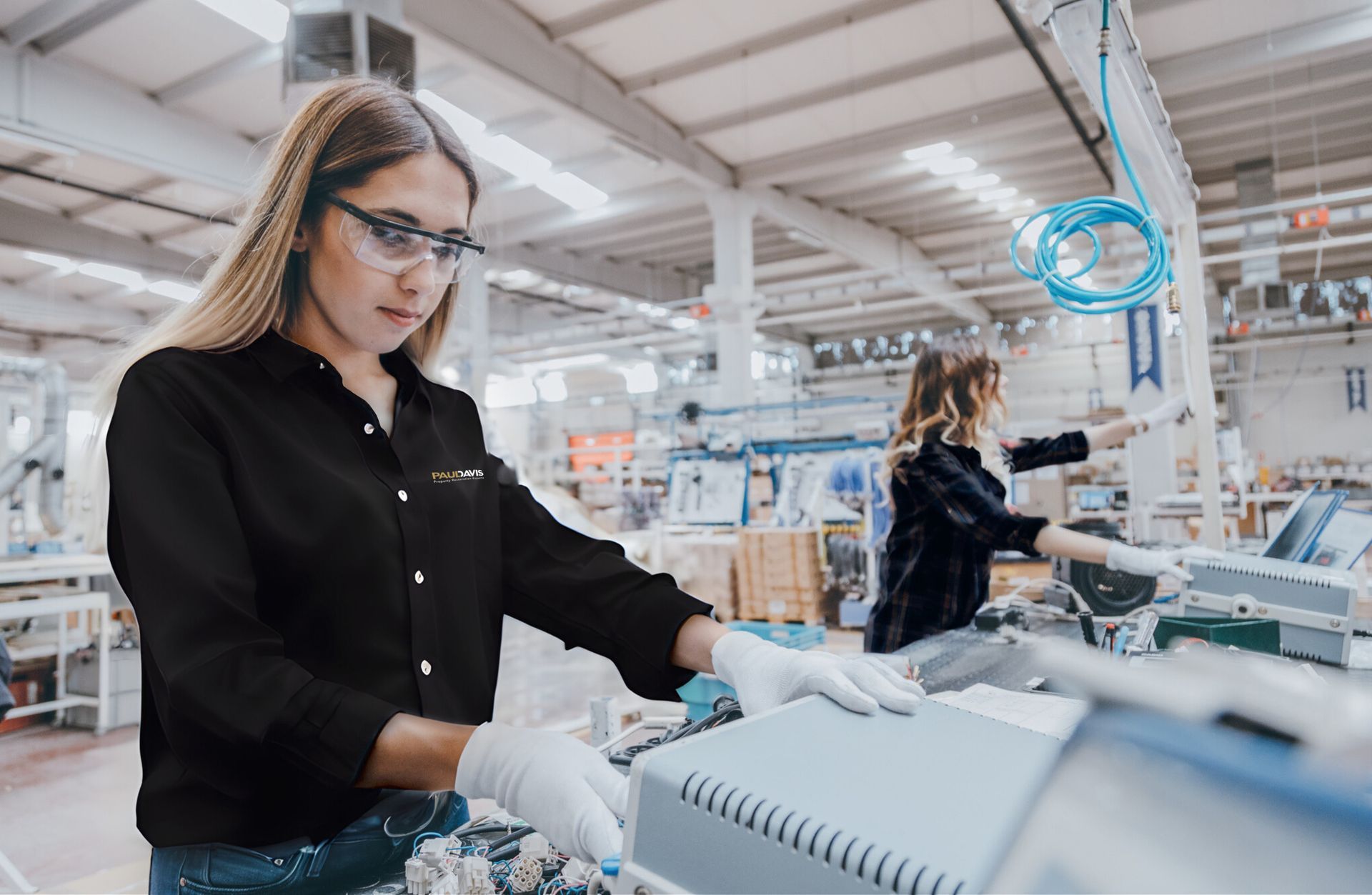 Two workers wearing safety glasses and white gloves assemble components at workstations in a bright, industrial factory.
