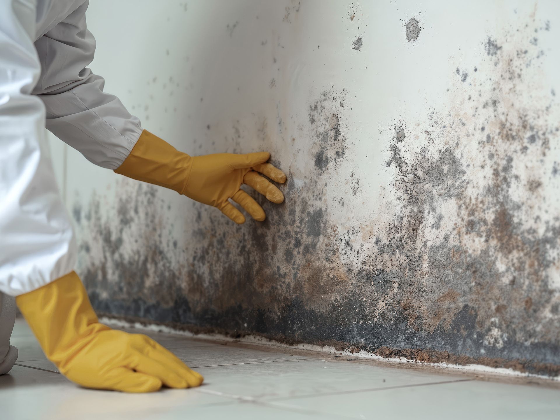 A person wearing a white protective suit and yellow rubber gloves inspects a wall covered in dark patches of mold.