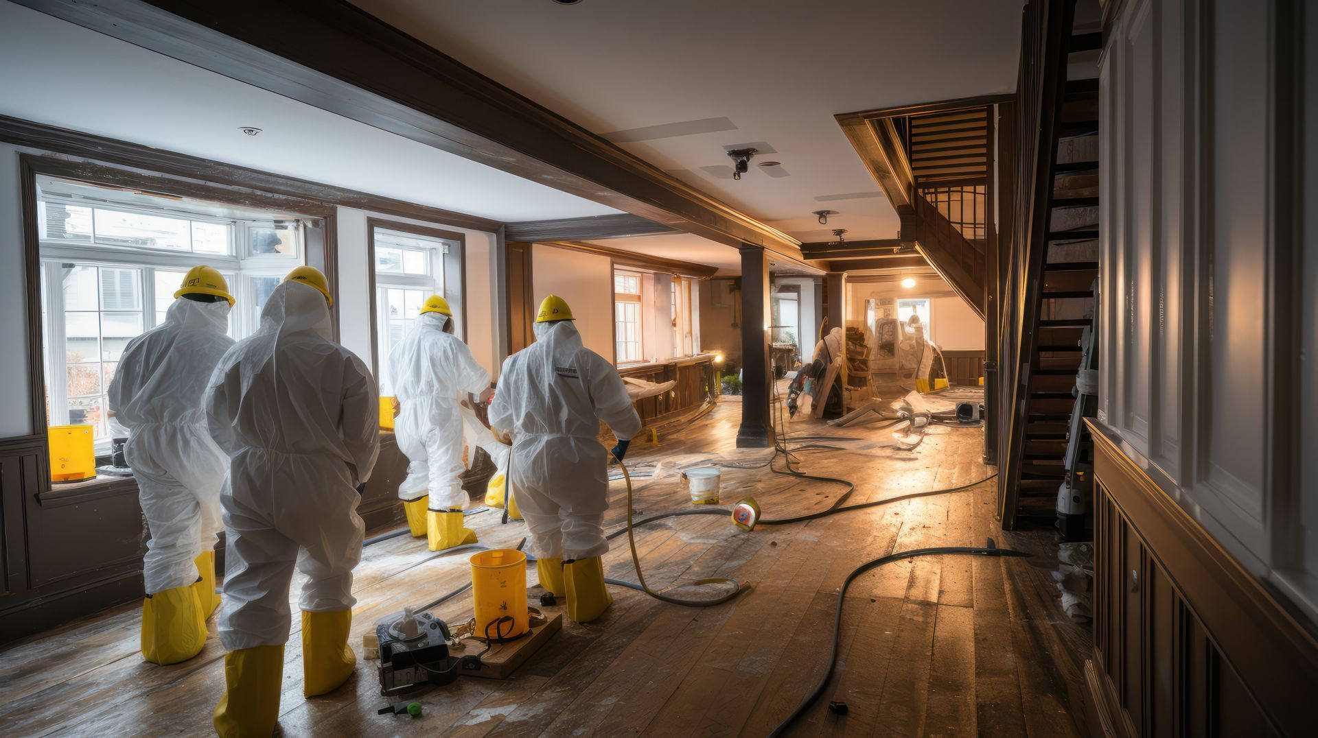 Workers in full protective suits and yellow boots perform environmental remediation or cleaning inside a room.