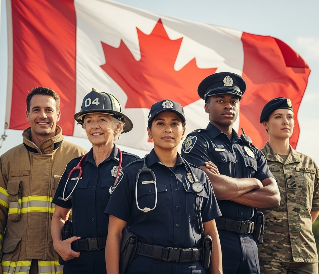 First responders and military service members in front of the Canadian flag