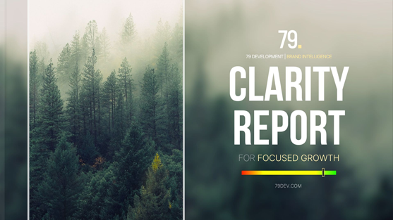 Forest scene with fog. Clarity Report title with a focused growth progress bar.