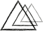 Three overlapping, hand-drawn triangles in varying shades of gray, arranged diagonally.