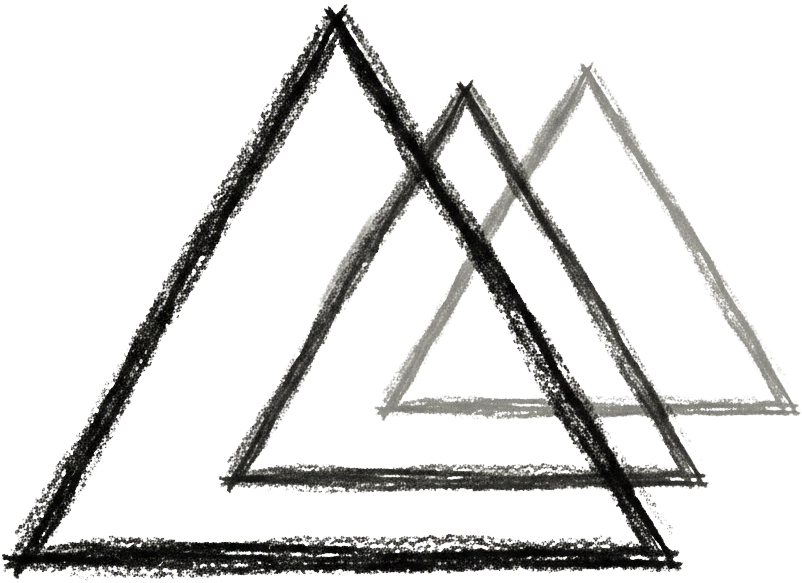 Three overlapping, hand-drawn triangles in varying shades of gray, arranged diagonally.