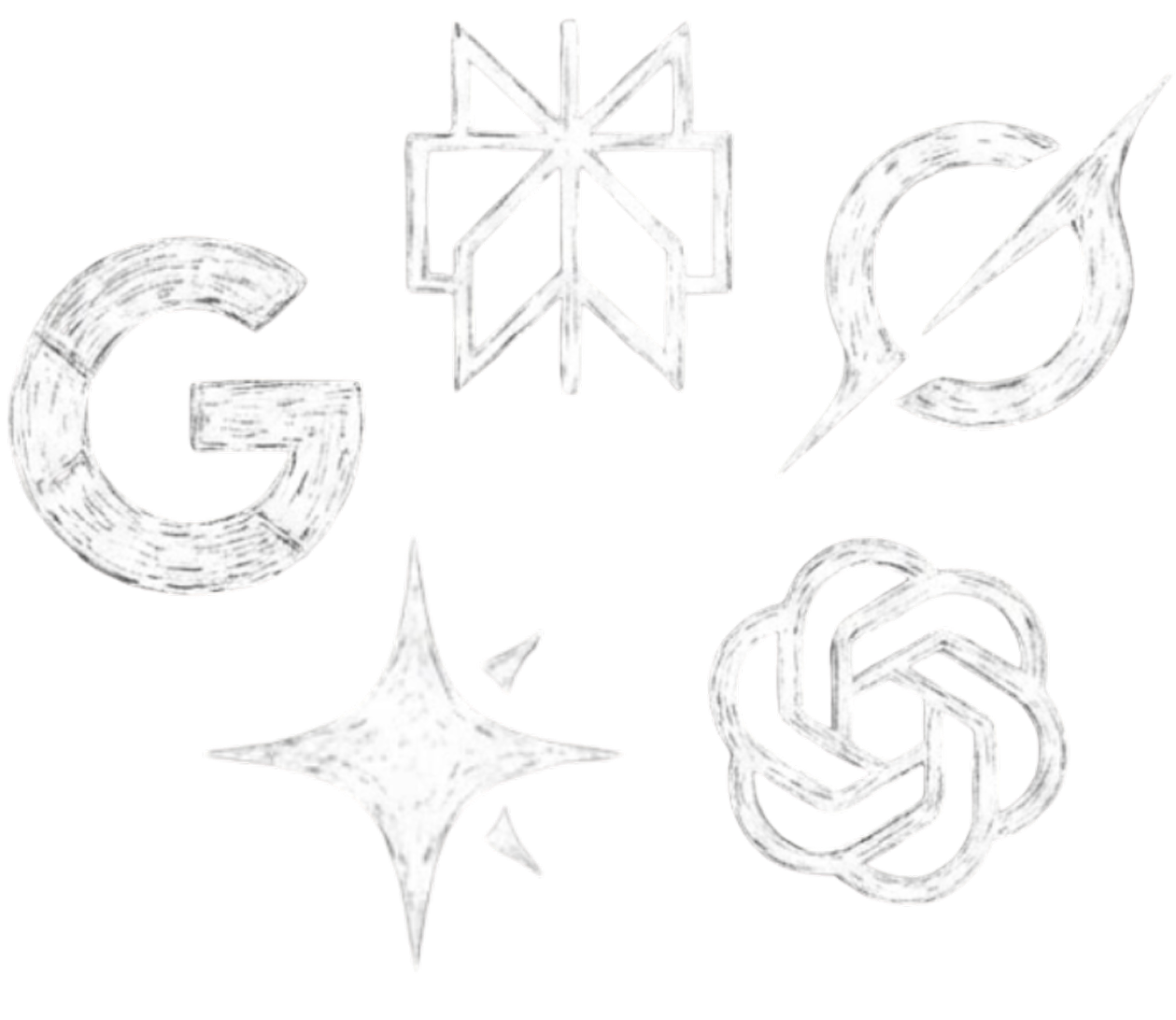 Logos for Google, eight-point star, abstract shape, circle with diagonal, and ChatGPT.