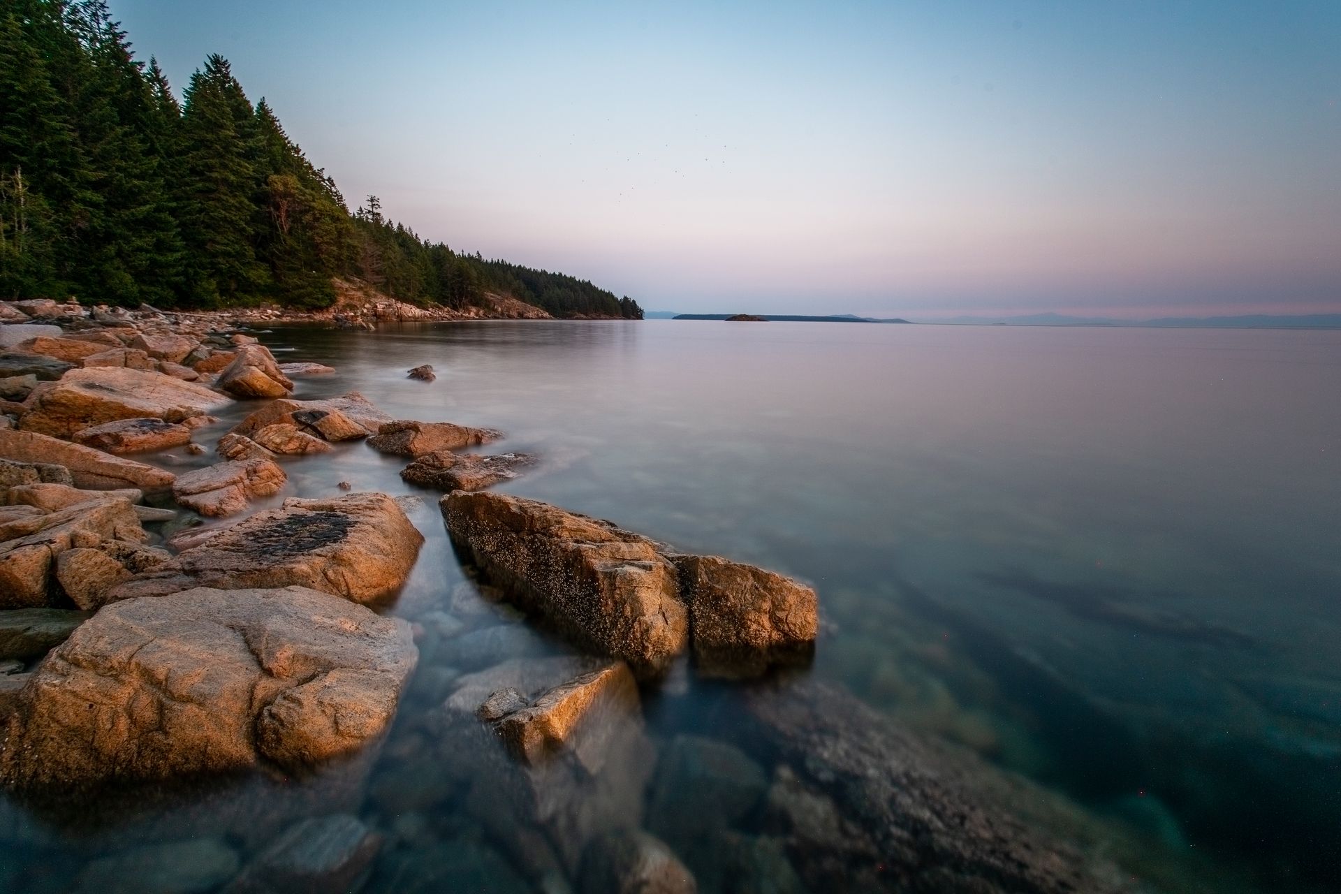 Rocky shoreline at dusk; calm water reflects the blue and pink sky, trees on the left.