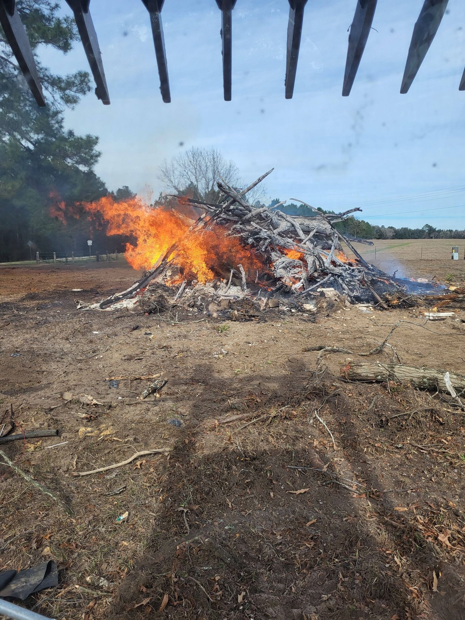 A large bonfire burns outdoors, with flames reaching high. Branches and debris surround it, under a blue sky.
