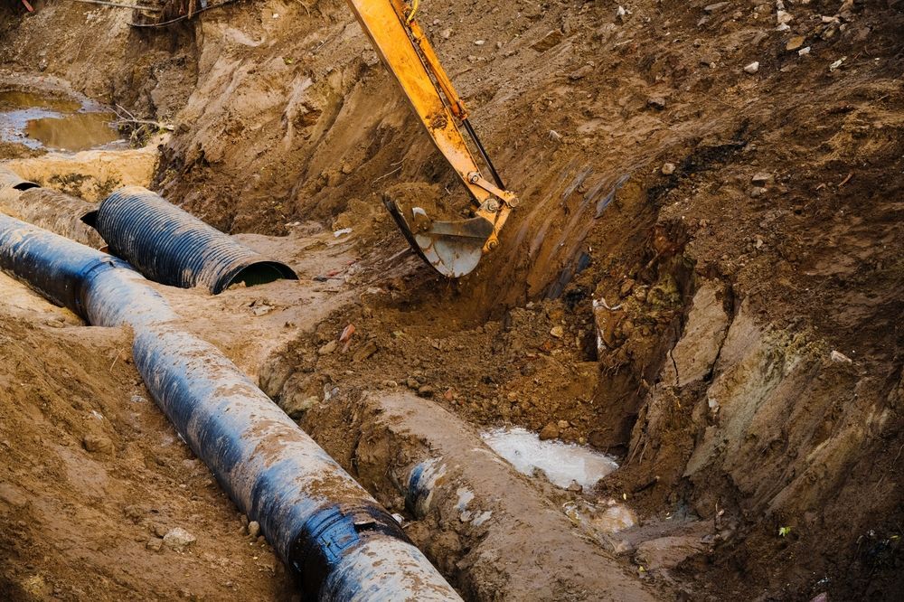 Pipes in trench, excavator arm digging, dirt, construction site, orange machinery.