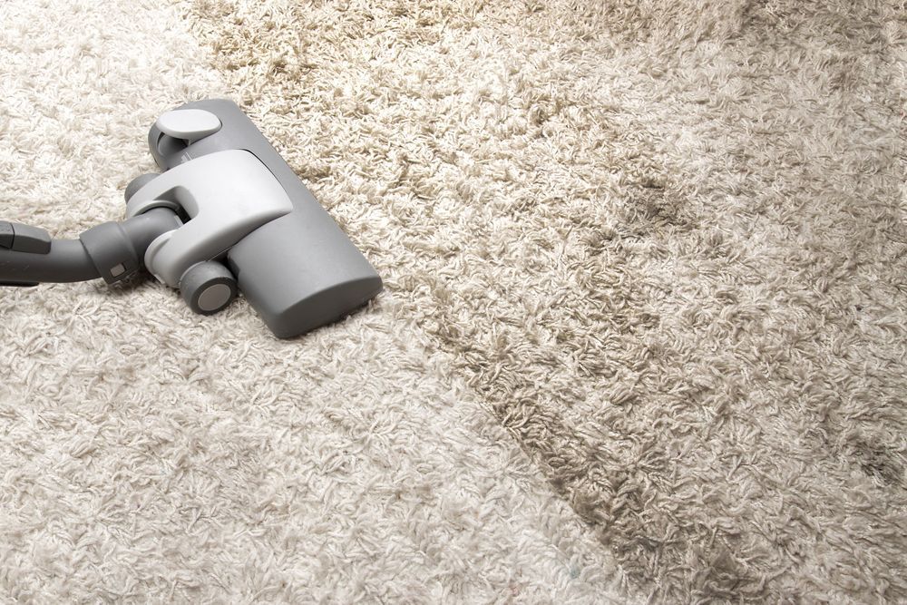 A cream rug is being cleaned. Half of it is bright and clean, the other dark and dirty.