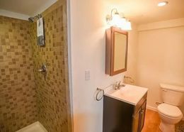 Bathroom with tiled shower, vanity, mirror, and toilet. Walls are white and wood floors are visible.
