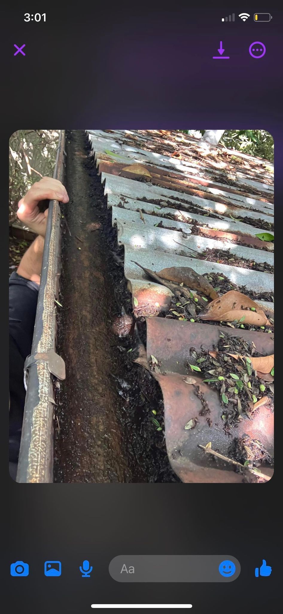 Gutter cleaning showing debris build-up before removal