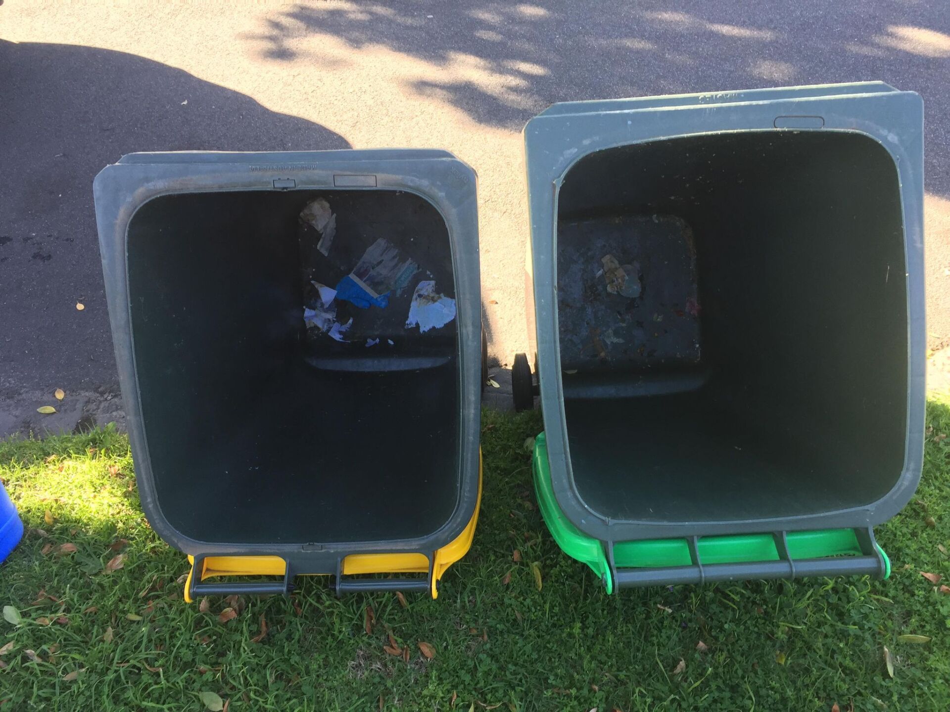 2 dirty wheelie bins about to be cleaned