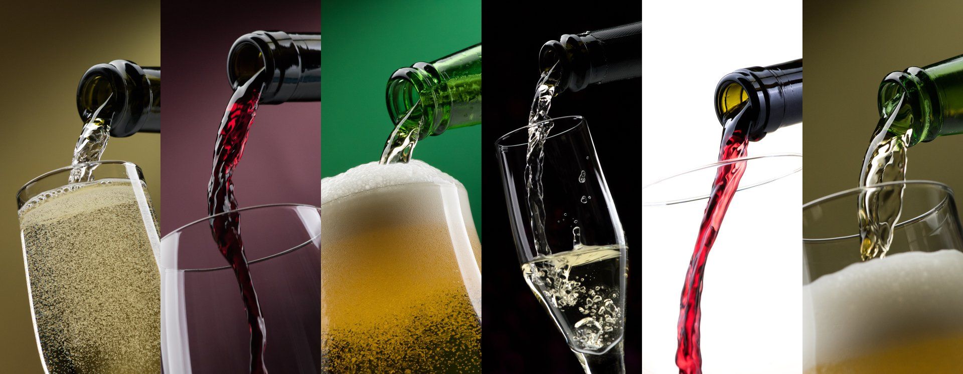 Pouring alcoholic drinks into glasses photo collage: beer, red wine and white wine
