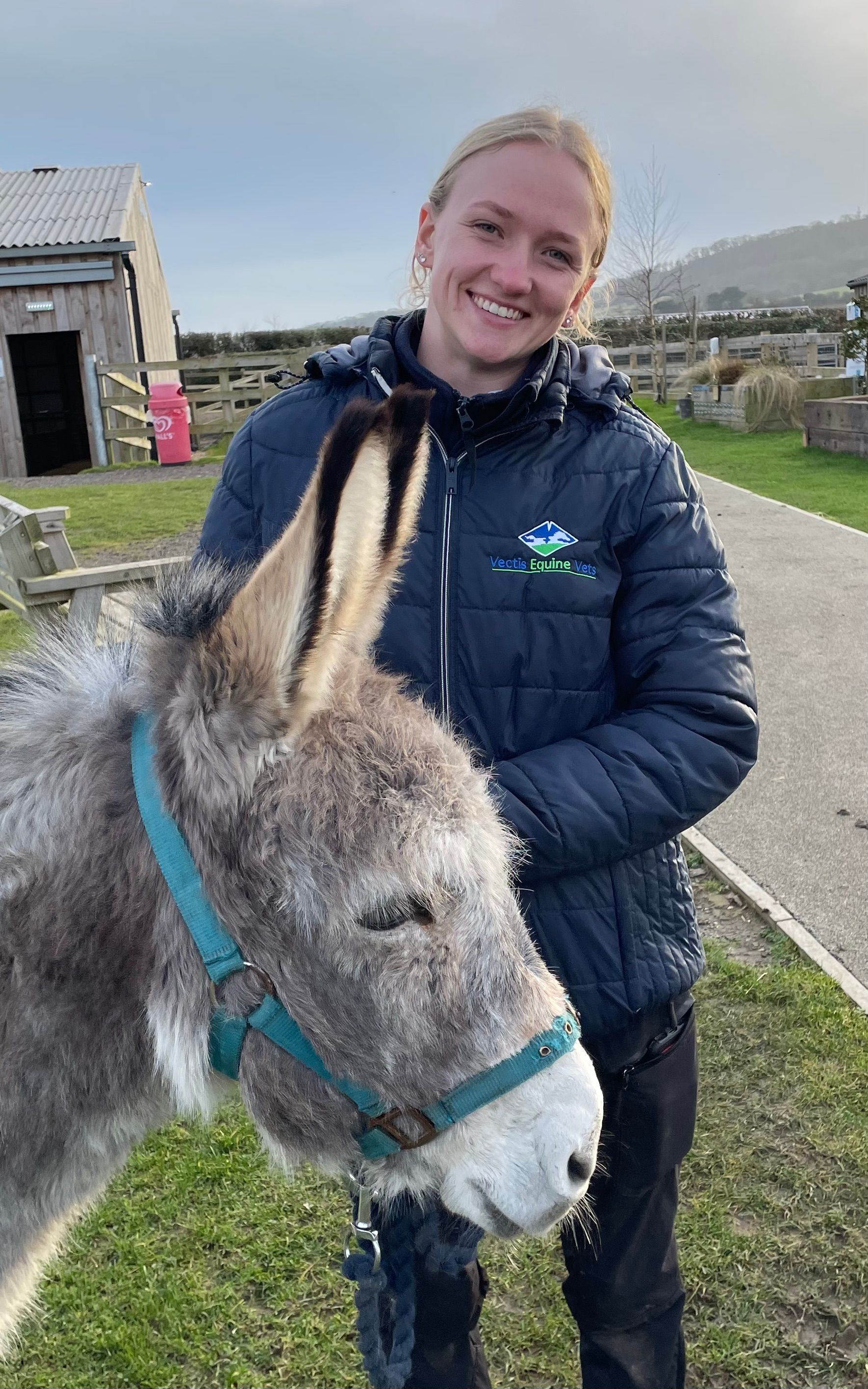 Dr Freja Sundelin with Prune the donkey
