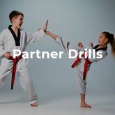 a boy and a girl are practicing karate together .