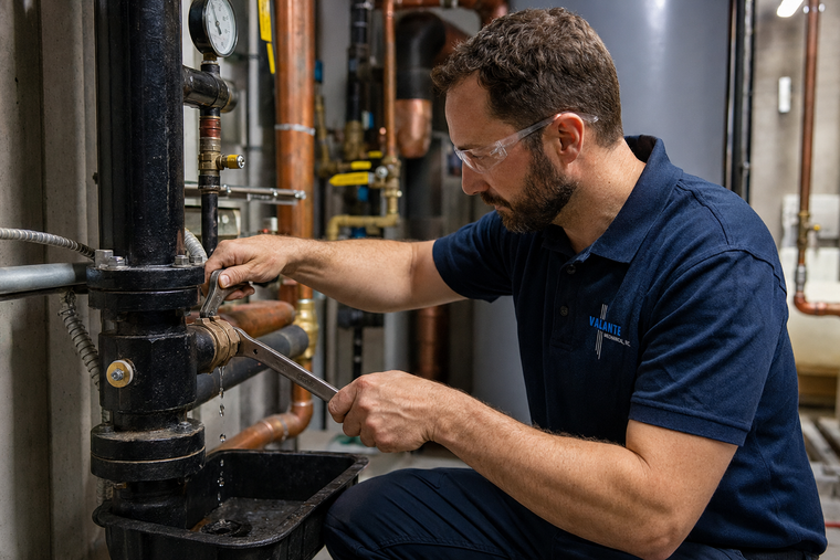 Technician in a blue cap tightening copper pipes in a boiler room with industrial piping.