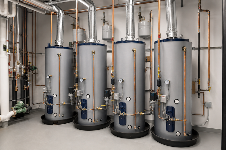 Two technicians in safety vests inspect industrial boilers and piping in a mechanical room