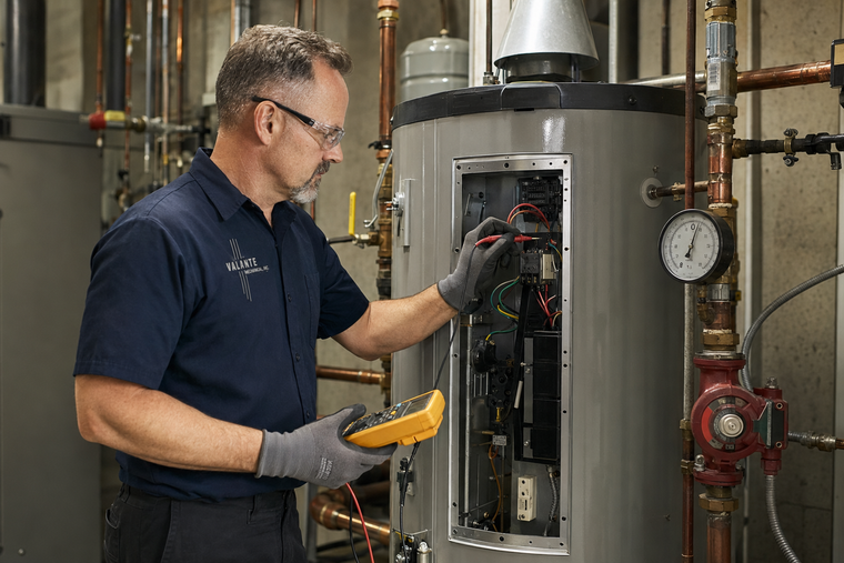 Technician kneels beside industrial machinery, inspecting wiring in a factory setting.