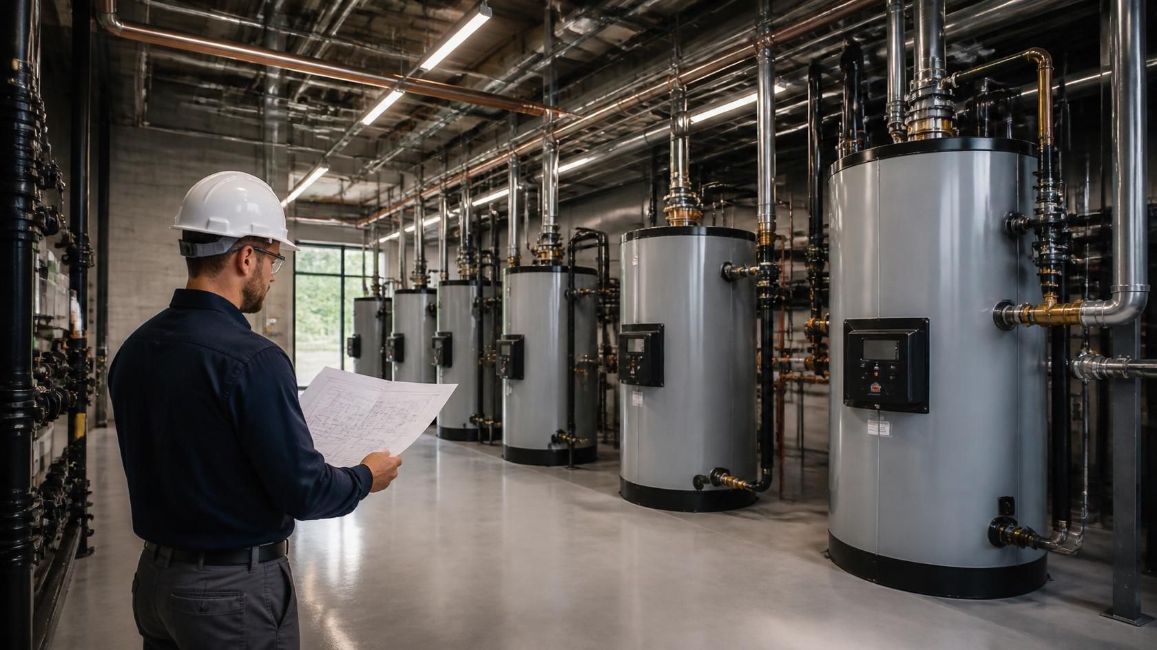 Worker in hard hat inspecting industrial boiler room with large white tanks and piping.