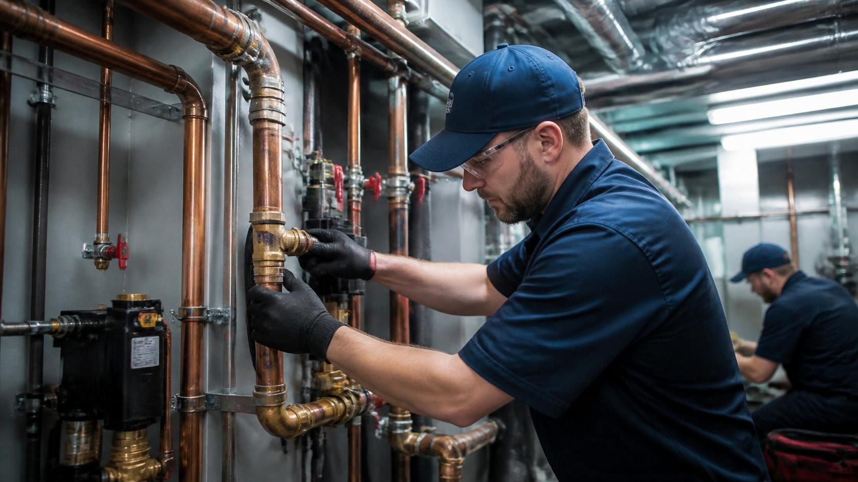 Technician in a navy cap adjusts copper pipes in a mechanical room with exposed plumbing.