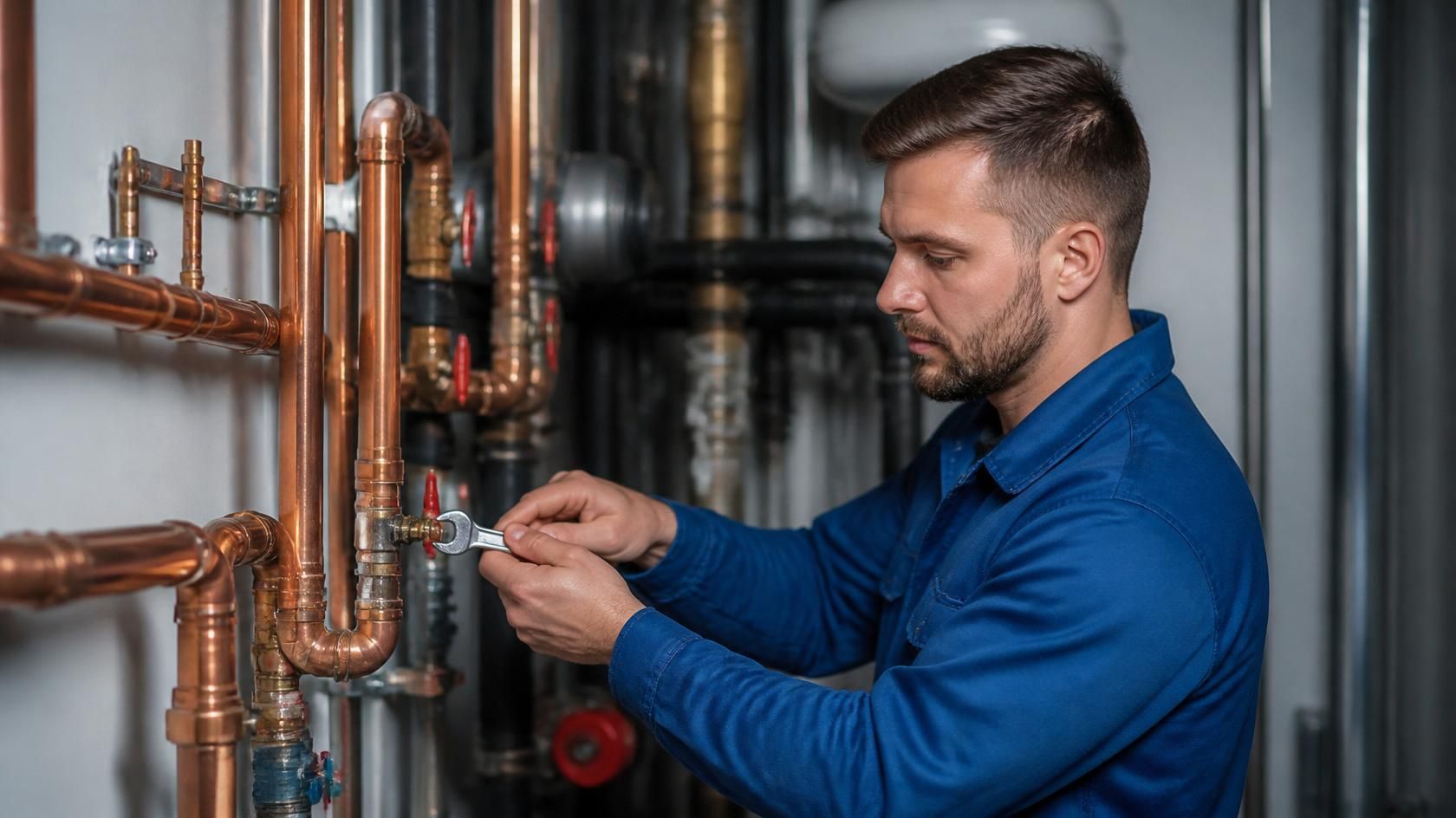 Technician in blue shirt inspecting copper plumbing pipes in a mechanical room