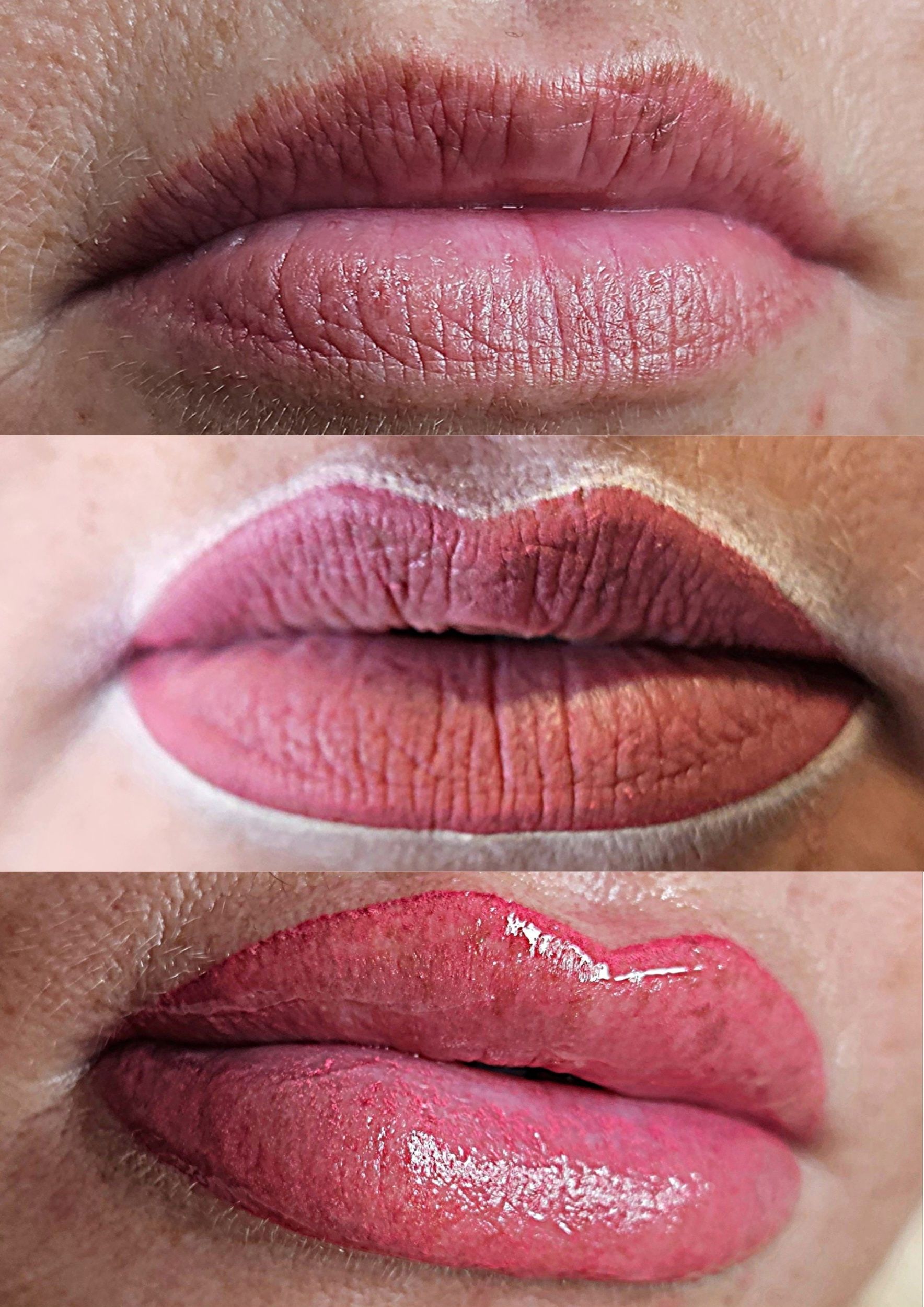 Drei Nahaufnahmen von Lippen, die kosmetische Lippenbehandlungen mit Permanent Make-Up zeigen.