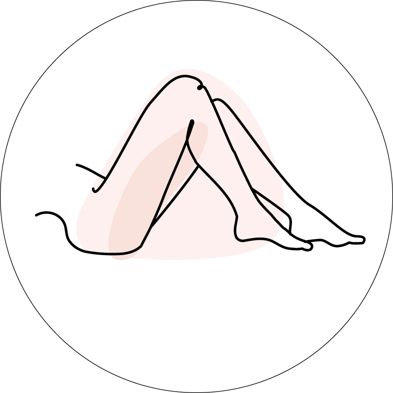 Strichzeichnung von Beinen in Ruheposition innerhalb eines weißen Kreises auf pfirsichfarbenem Hintergrund.
