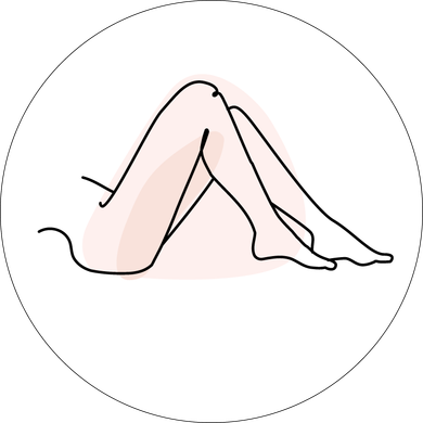 Strichzeichnung von Beinen in Ruheposition innerhalb eines weißen Kreises auf pfirsichfarbenem Hintergrund.