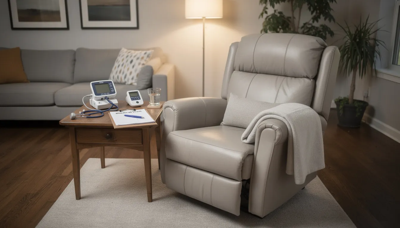 The image depicts a cozy living room featuring a recliner chair and a side table, set up for a mobile IV therapy session, where licensed medical professionals can provide IV hydration and essential nutrients in the comfort of home. This setup symbolizes the convenience and personalized care of mobile IV therapy for health and wellness.