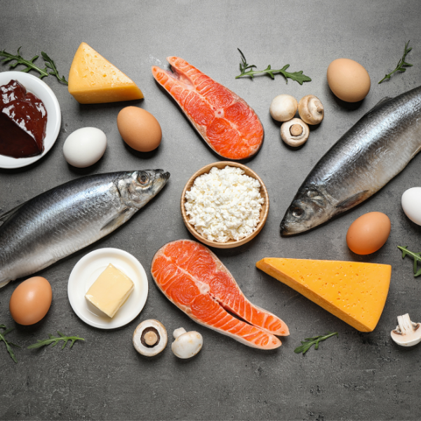 A variety of food including fish eggs cheese and mushrooms