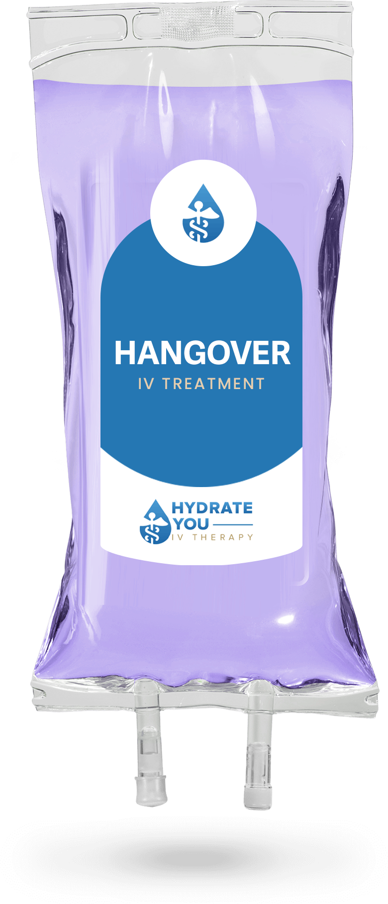 A purple bag with a blue label that says hangover on it.