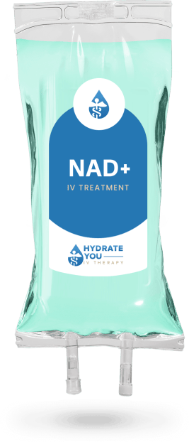 A bag of nad + iv iv treatment on a white background.