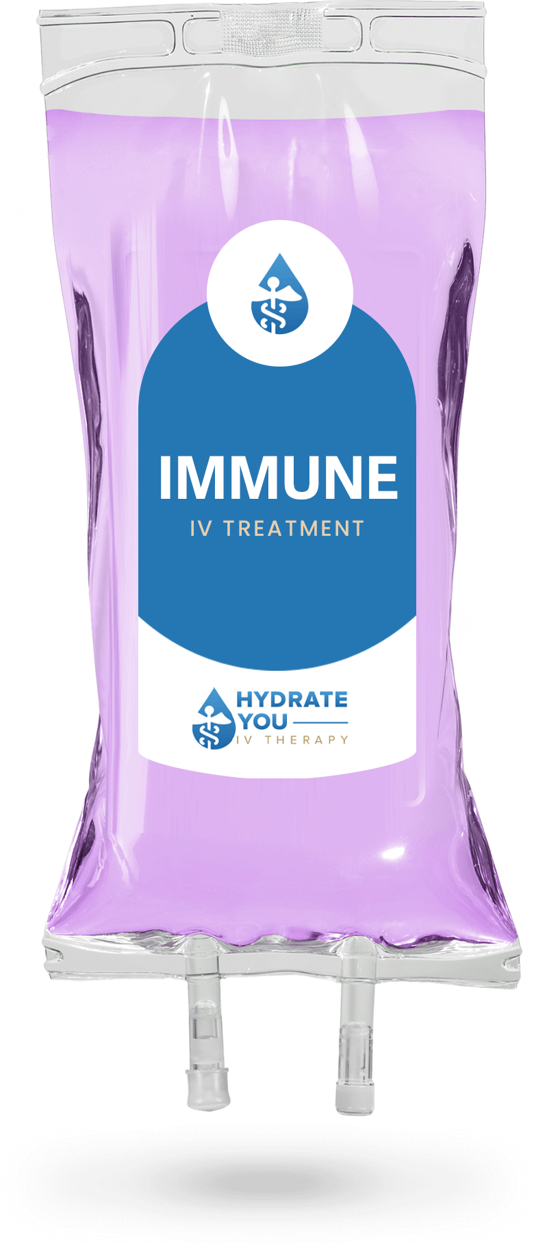 A purple bag with a blue and white label that says immune on it.