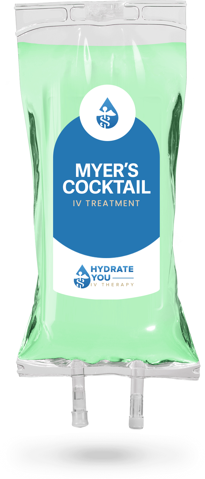 A bag of myers cocktail iv treatment with a green hose attached to it.