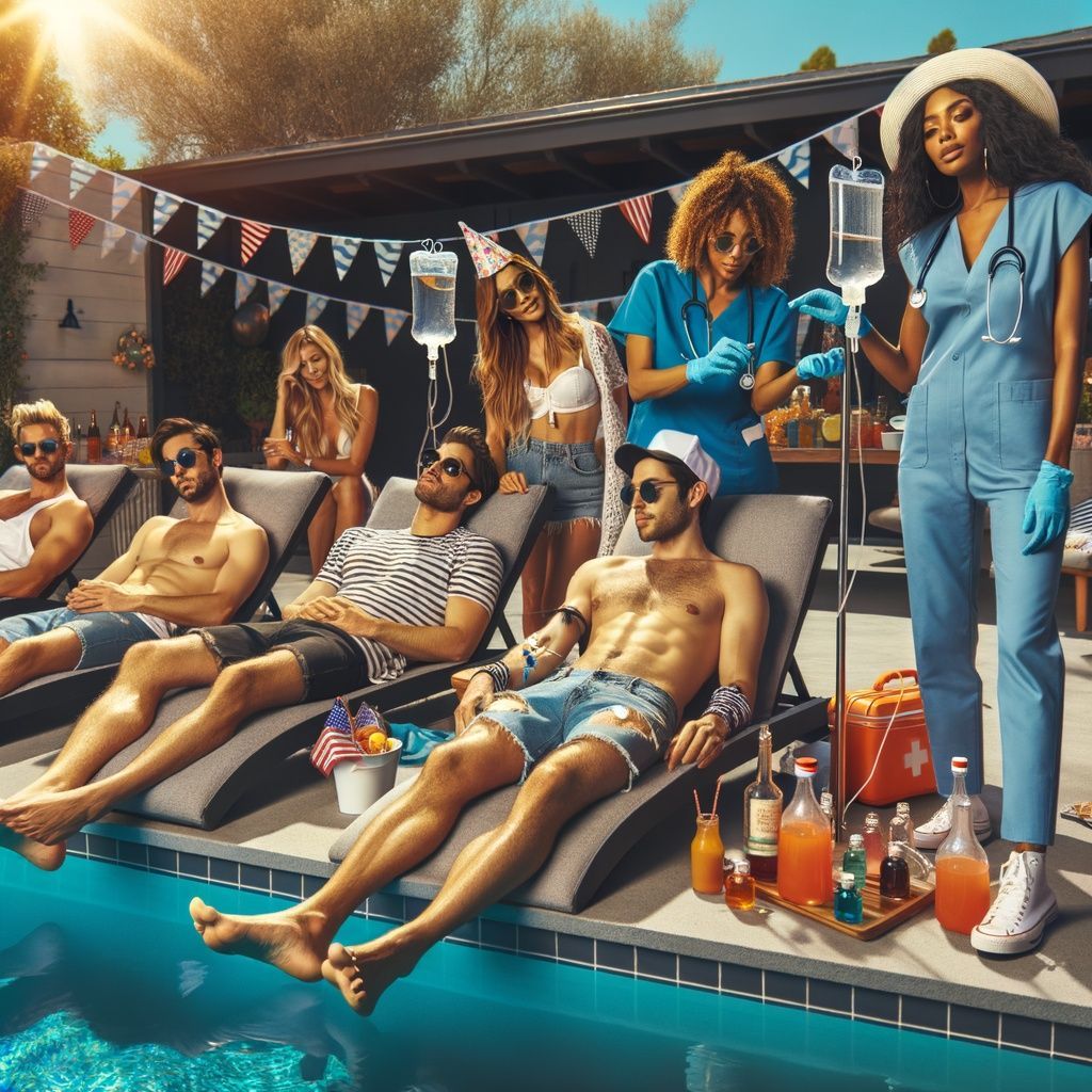 A group of people laying on lounge chairs next to a swimming pool