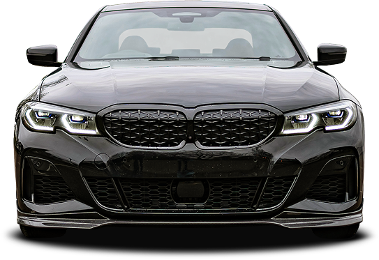 The front of a black bmw 3 series is shown on a white background. | Don & Sons Body Shop