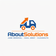 About Solutions logo with blue and orange tow truck and junk removal, haul away, cleanouts tagline