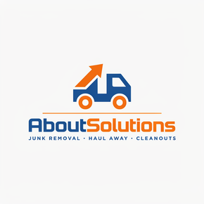 About Solutions logo with blue and orange tow truck and junk removal, haul away, cleanouts tagline
