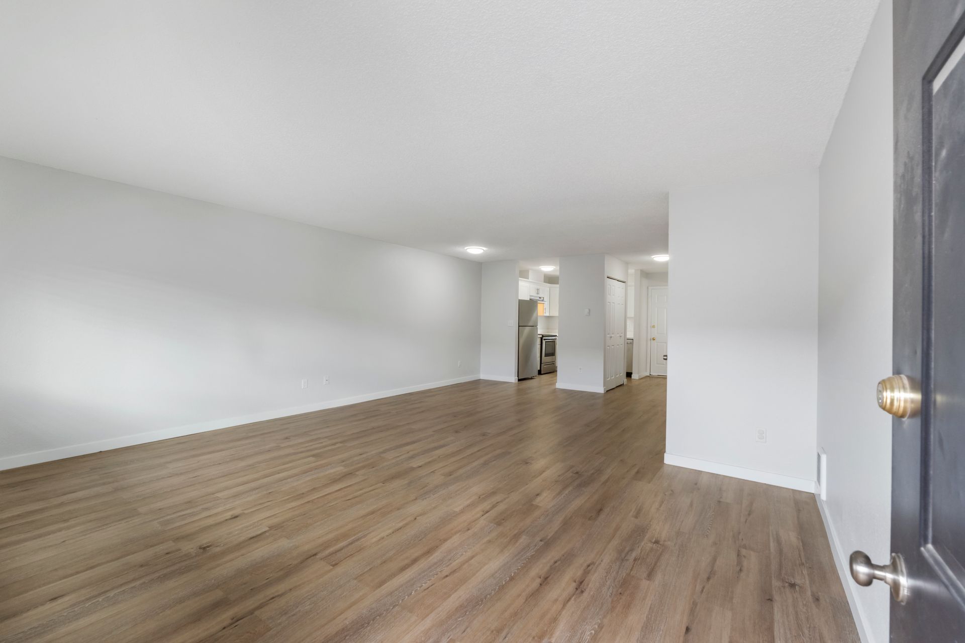 An empty living room with hardwood floors and white walls.