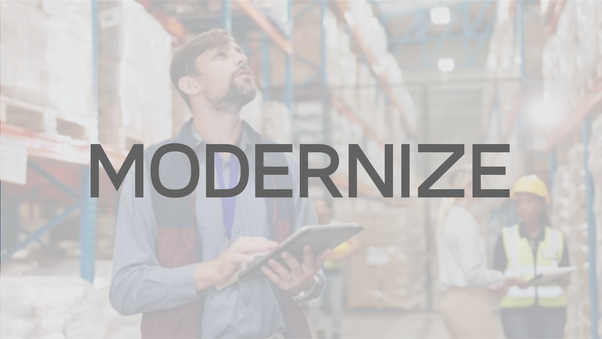 Man with tablet in warehouse, text overlay 